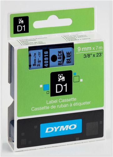 Dymo D1 Labels 9mm Black on Blue alternative image 1