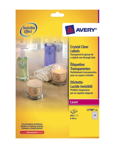Avery Crystal Clear Labels Laser Circular 24/Sheet 40mmTransparent [600 Labels] alternative image 1